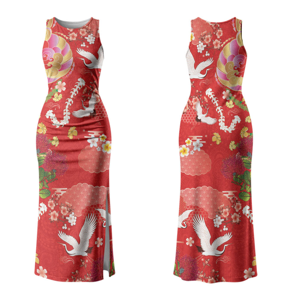Hawaiian and Japanese Culture Together Couples Matching Tank Maxi Dress and Hawaiian Shirt Kakau Tribal Pattern and Irezumi Art Red Color LT03 - Polynesian Pride