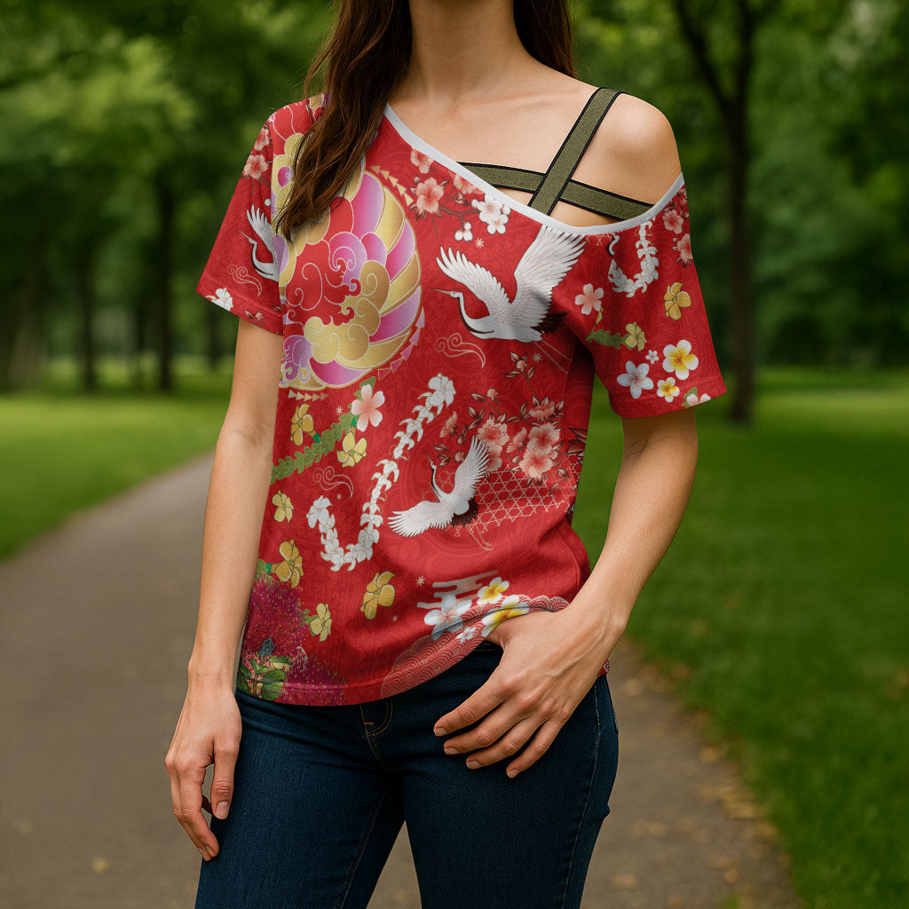 Hawaiian and Japanese Culture Together Cross Shoulder Shirt Kakau Tribal Pattern and Irezumi Art Red Color