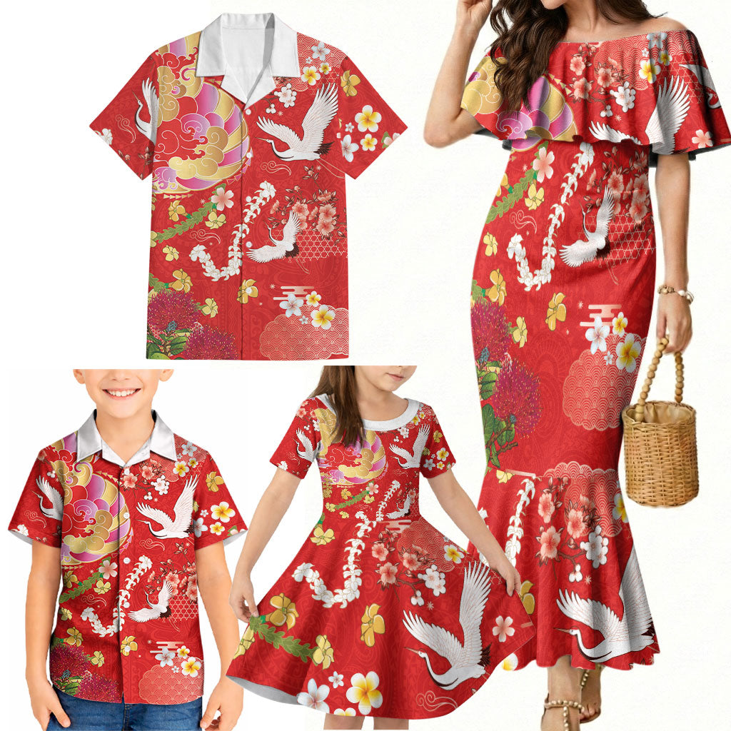 Hawaiian and Japanese Culture Together Family Matching Mermaid Dress and Hawaiian Shirt Kakau Tribal Pattern and Irezumi Art Red Color LT03 - Polynesian Pride
