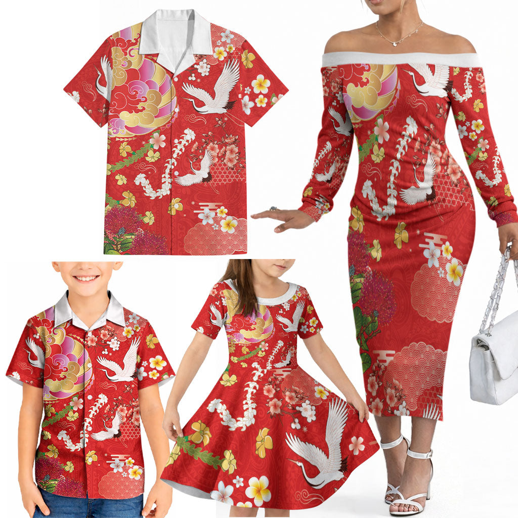 Hawaiian and Japanese Culture Together Family Matching Off The Shoulder Long Sleeve Dress and Hawaiian Shirt Kakau Tribal Pattern and Irezumi Art Red Color