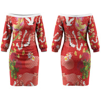 Hawaiian and Japanese Culture Together Family Matching Off The Shoulder Long Sleeve Dress and Hawaiian Shirt Kakau Tribal Pattern and Irezumi Art Red Color