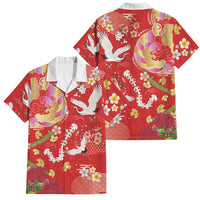 Hawaiian and Japanese Culture Together Family Matching Off The Shoulder Long Sleeve Dress and Hawaiian Shirt Kakau Tribal Pattern and Irezumi Art Red Color