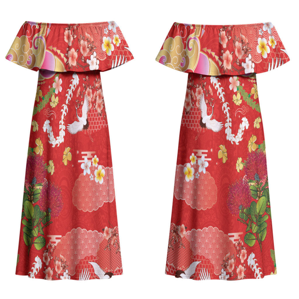 Hawaiian and Japanese Culture Together Family Matching Off Shoulder Maxi Dress and Hawaiian Shirt Kakau Tribal Pattern and Irezumi Art Red Color LT03 Mom's Dress Red - Polynesian Pride