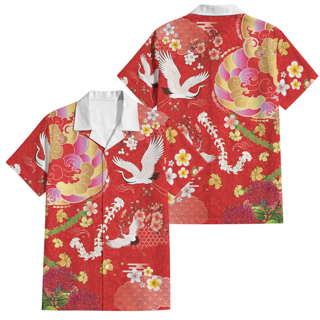 Hawaiian and Japanese Culture Together Family Matching Off Shoulder Maxi Dress and Hawaiian Shirt Kakau Tribal Pattern and Irezumi Art Red Color LT03 Dad's Shirt - Short Sleeve Red - Polynesian Pride