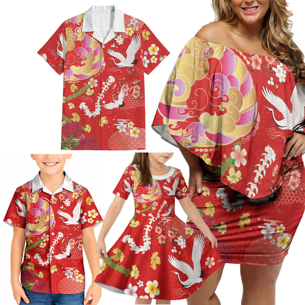 Hawaiian and Japanese Culture Together Family Matching Off Shoulder Short Dress and Hawaiian Shirt Kakau Tribal Pattern and Irezumi Art Red Color LT03 - Polynesian Pride