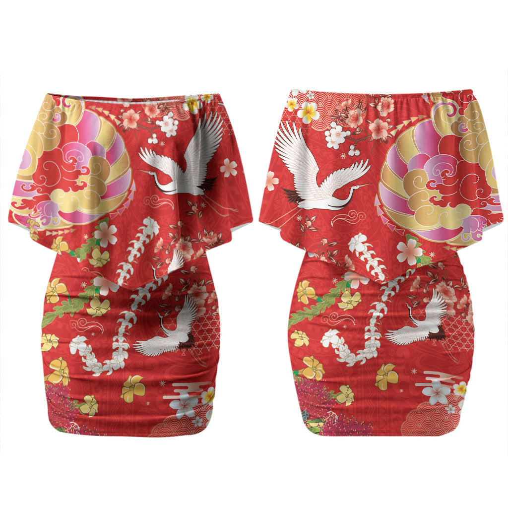 Hawaiian and Japanese Culture Together Family Matching Off Shoulder Short Dress and Hawaiian Shirt Kakau Tribal Pattern and Irezumi Art Red Color LT03 Mom's Dress Red - Polynesian Pride