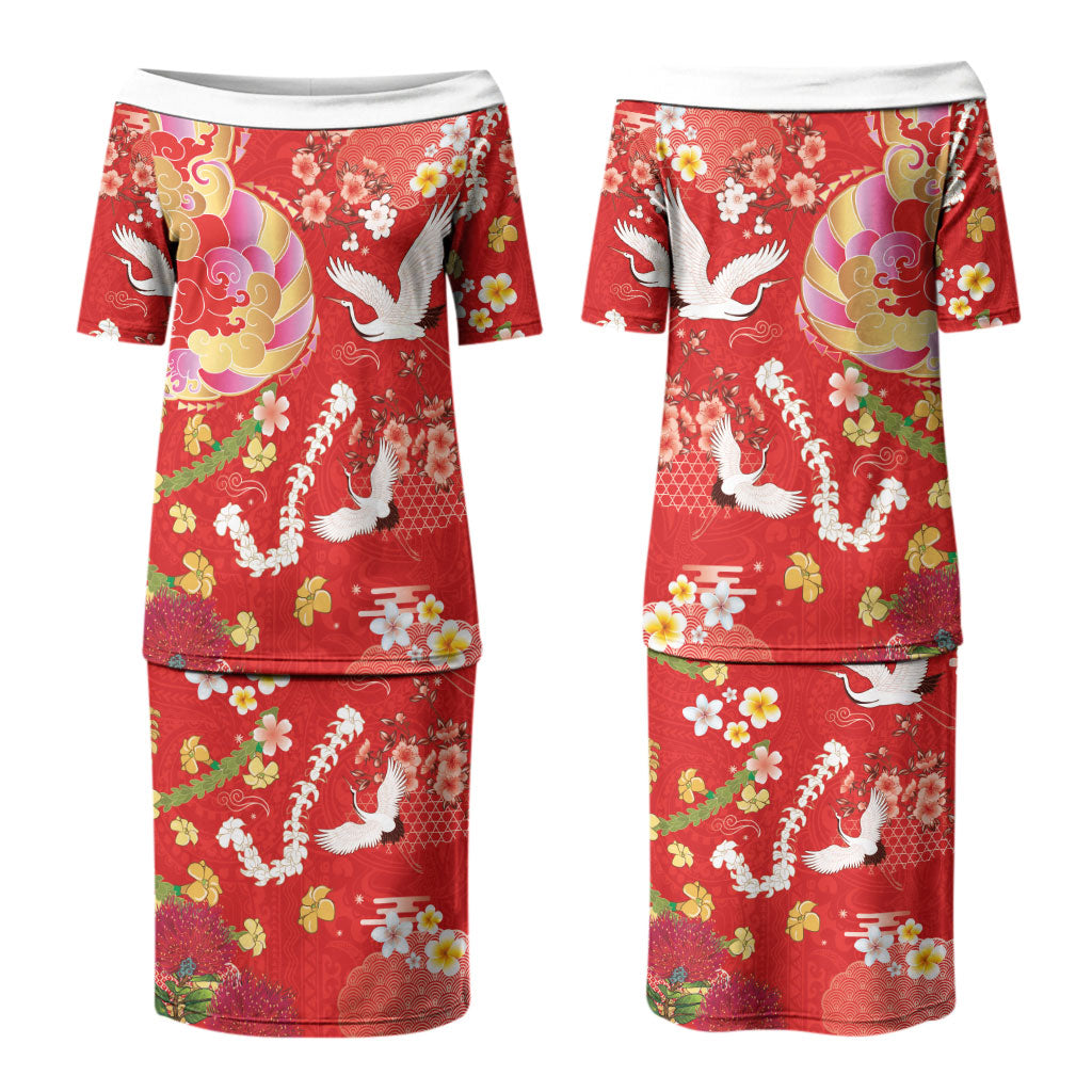 Hawaiian and Japanese Culture Together Family Matching Puletasi and Hawaiian Shirt Kakau Tribal Pattern and Irezumi Art Red Color LT03 Mom's Dress Red - Polynesian Pride
