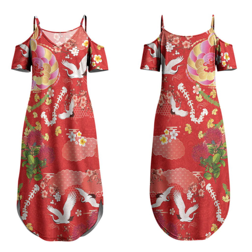 Hawaiian and Japanese Culture Together Family Matching Summer Maxi Dress and Hawaiian Shirt Kakau Tribal Pattern and Irezumi Art Red Color LT03 Mom's Dress Red - Polynesian Pride