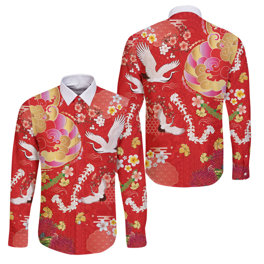 Hawaiian and Japanese Culture Together Family Matching Summer Maxi Dress and Hawaiian Shirt Kakau Tribal Pattern and Irezumi Art Red Color LT03 Dad's Shirt - Long Sleeve Red - Polynesian Pride