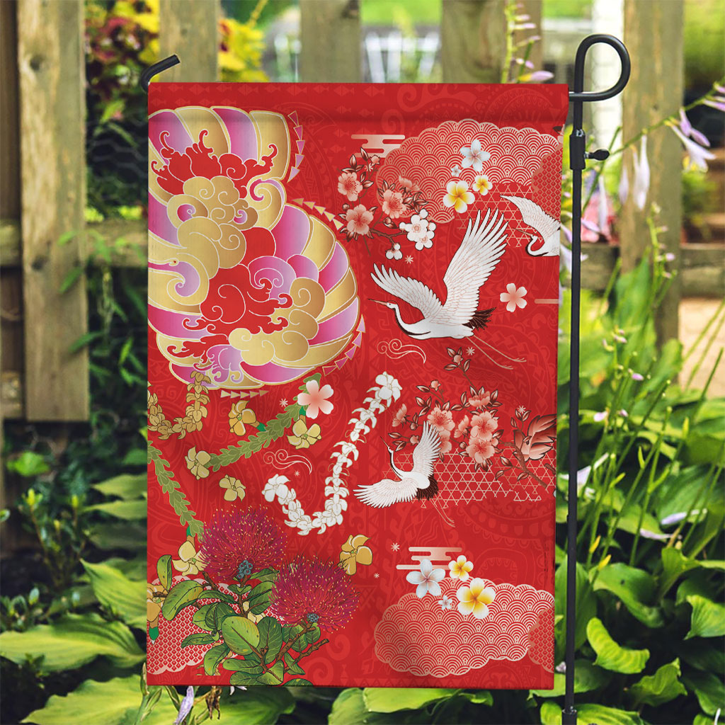 Hawaiian and Japanese Culture Together Garden Flag Kakau Tribal Pattern and Irezumi Art Red Color LT03 Garden Flag Red - Polynesian Pride