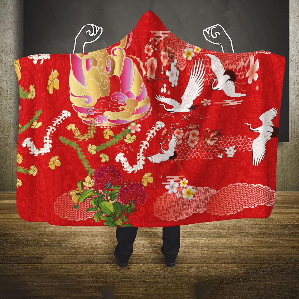 Hawaiian and Japanese Culture Together Hooded Blanket Kakau Tribal Pattern and Irezumi Art Red Color LT03 - Polynesian Pride