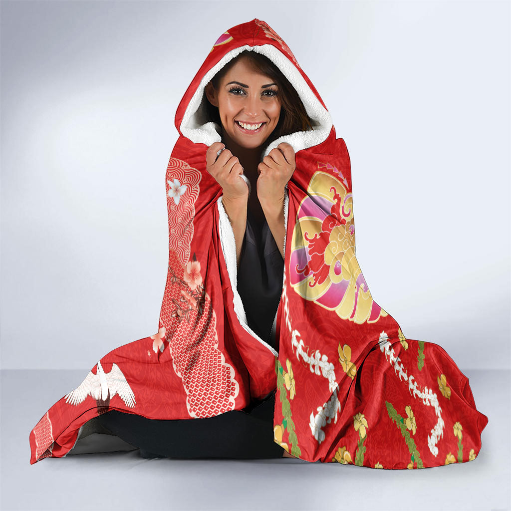 Hawaiian and Japanese Culture Together Hooded Blanket Kakau Tribal Pattern and Irezumi Art Red Color LT03 - Polynesian Pride