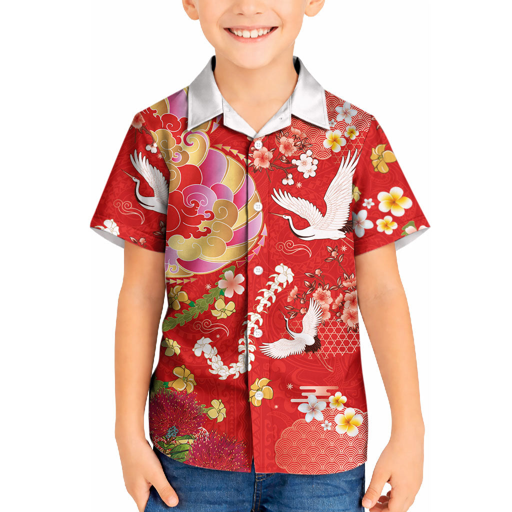 Hawaiian and Japanese Culture Together Kid Hawaiian Shirt Kakau Tribal Pattern and Irezumi Art Red Color LT03 Kid Red - Polynesian Pride