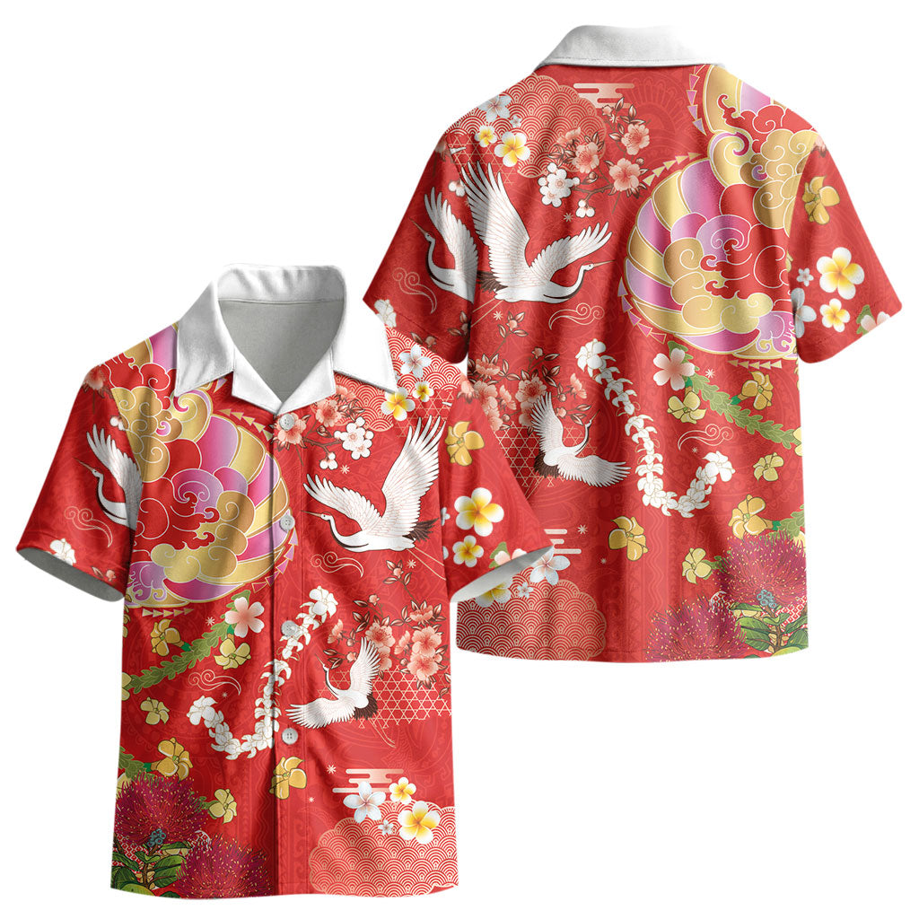 Hawaiian and Japanese Culture Together Kid Hawaiian Shirt Kakau Tribal Pattern and Irezumi Art Red Color