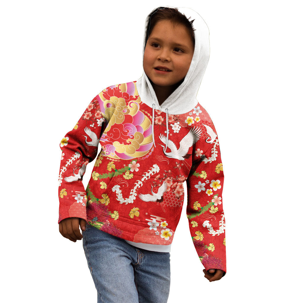 Hawaiian and Japanese Culture Together Kid Hoodie Kakau Tribal Pattern and Irezumi Art Red Color
