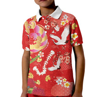 Hawaiian and Japanese Culture Together Kid Polo Shirt Kakau Tribal Pattern and Irezumi Art Red Color