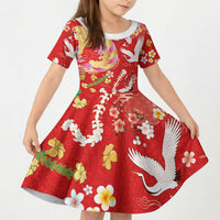 Hawaiian and Japanese Culture Together Kid Short Sleeve Dress Kakau Tribal Pattern and Irezumi Art Red Color