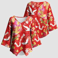 Hawaiian and Japanese Culture Together Kimono Sleeve Blouse Kakau Tribal Pattern and Irezumi Art Red Color