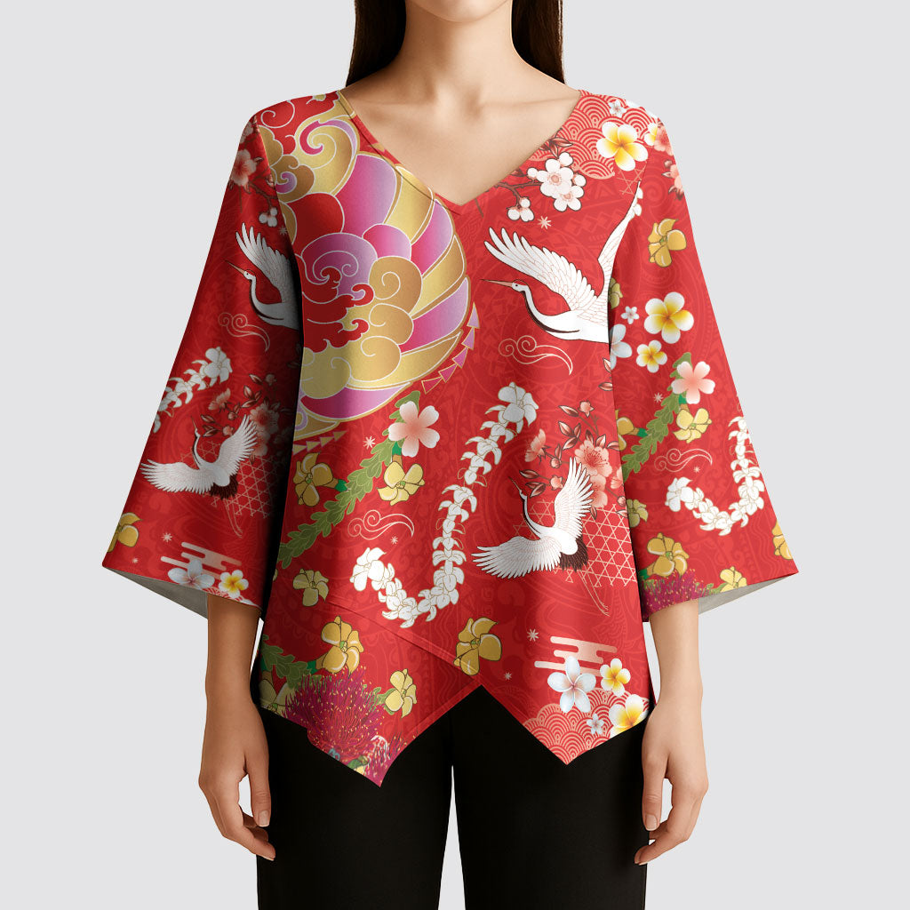 Hawaiian and Japanese Culture Together Kimono Sleeve Blouse Kakau Tribal Pattern and Irezumi Art Red Color
