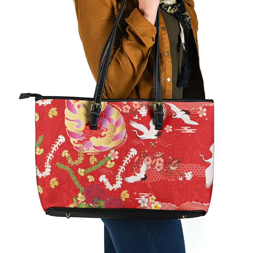 Hawaiian and Japanese Culture Together Leather Tote Bag Kakau Tribal Pattern and Irezumi Art Red Color LT03 - Polynesian Pride