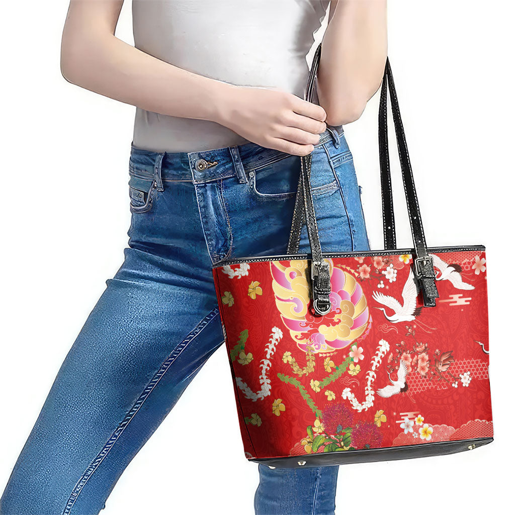 Hawaiian and Japanese Culture Together Leather Tote Bag Kakau Tribal Pattern and Irezumi Art Red Color LT03 - Polynesian Pride