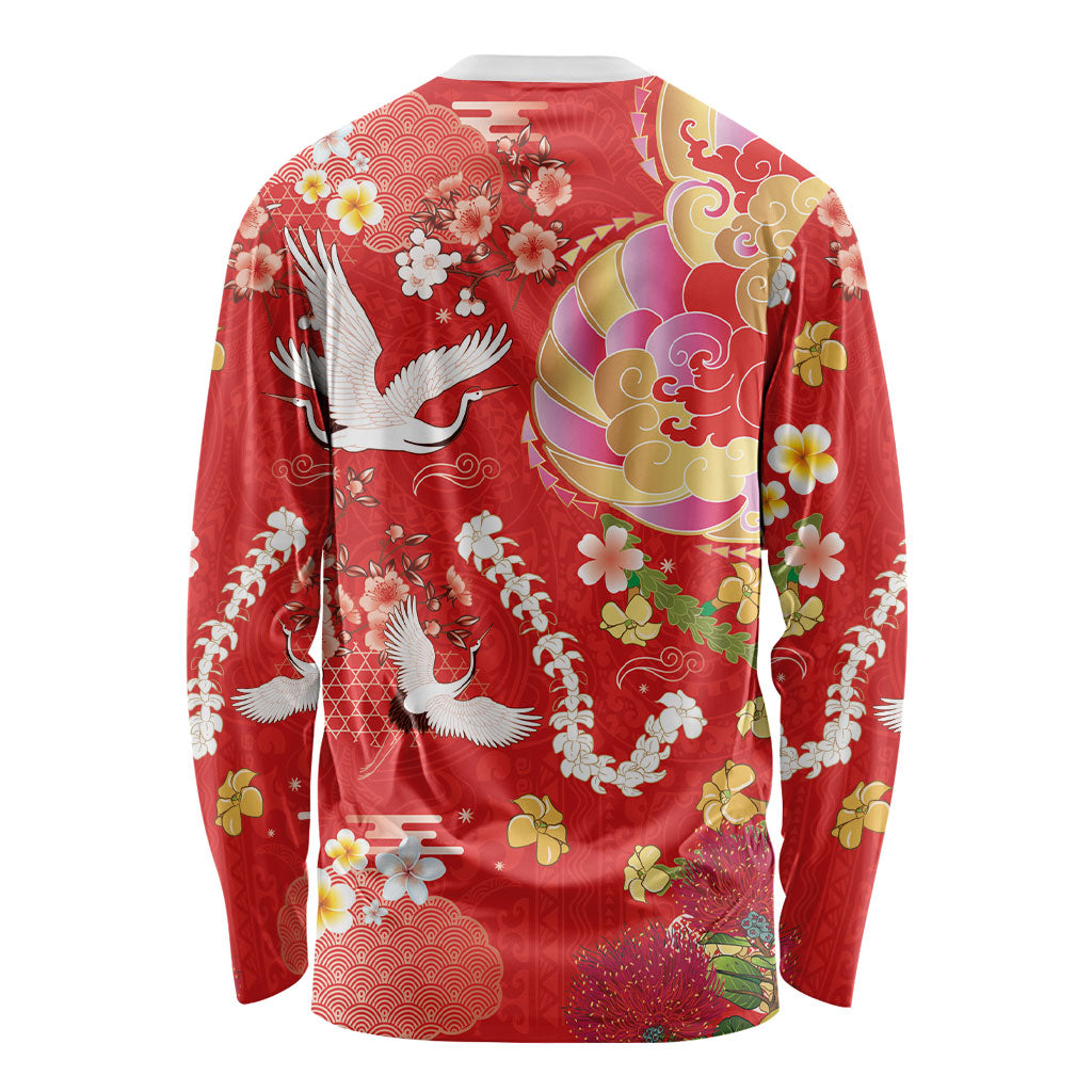 Hawaiian and Japanese Culture Together Long Sleeve Shirt Kakau Tribal Pattern and Irezumi Art Red Color