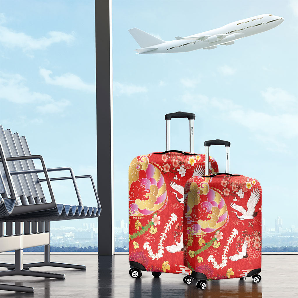 Hawaiian and Japanese Culture Together Luggage Cover Kakau Tribal Pattern and Irezumi Art Red Color LT03 - Polynesian Pride