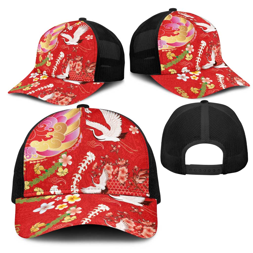 Hawaiian and Japanese Culture Together Mesh Trucker Cap Kakau Tribal Pattern and Irezumi Art Red Color