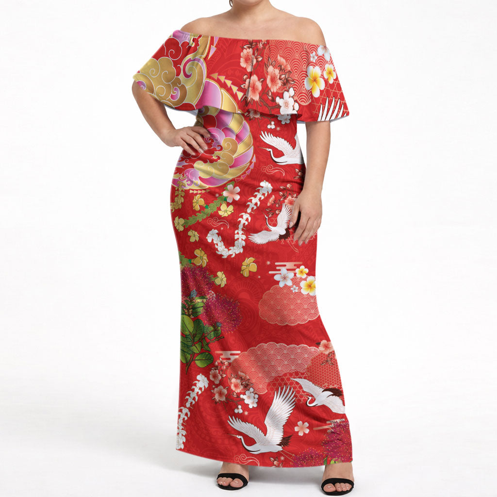 Hawaiian and Japanese Culture Together Off Shoulder Maxi Dress Kakau Tribal Pattern and Irezumi Art Red Color LT03 Women Red - Polynesian Pride