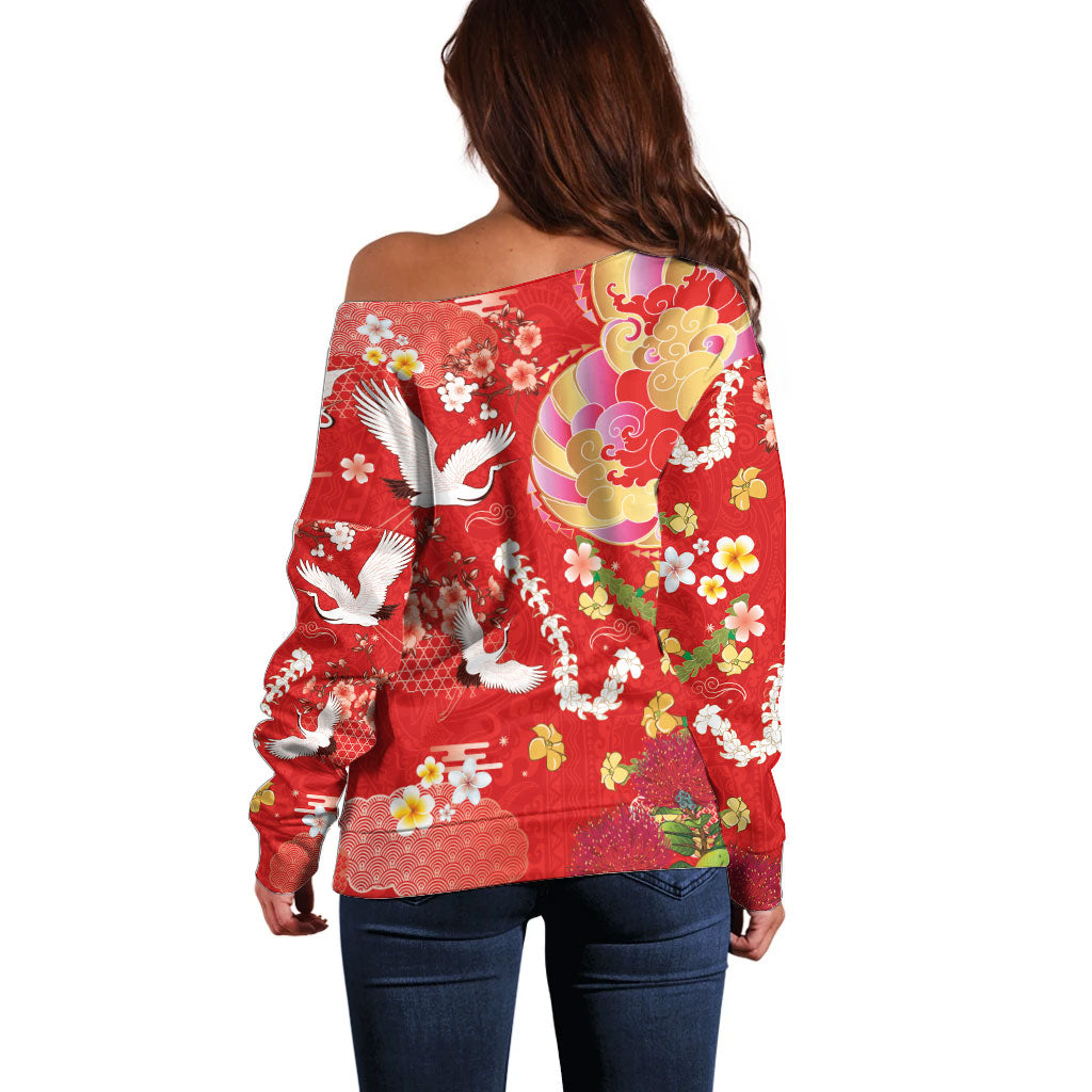 Hawaiian and Japanese Culture Together Off Shoulder Sweater Kakau Tribal Pattern and Irezumi Art Red Color