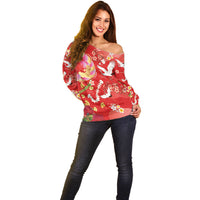 Hawaiian and Japanese Culture Together Off Shoulder Sweater Kakau Tribal Pattern and Irezumi Art Red Color