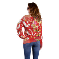 Hawaiian and Japanese Culture Together Off Shoulder Sweater Kakau Tribal Pattern and Irezumi Art Red Color