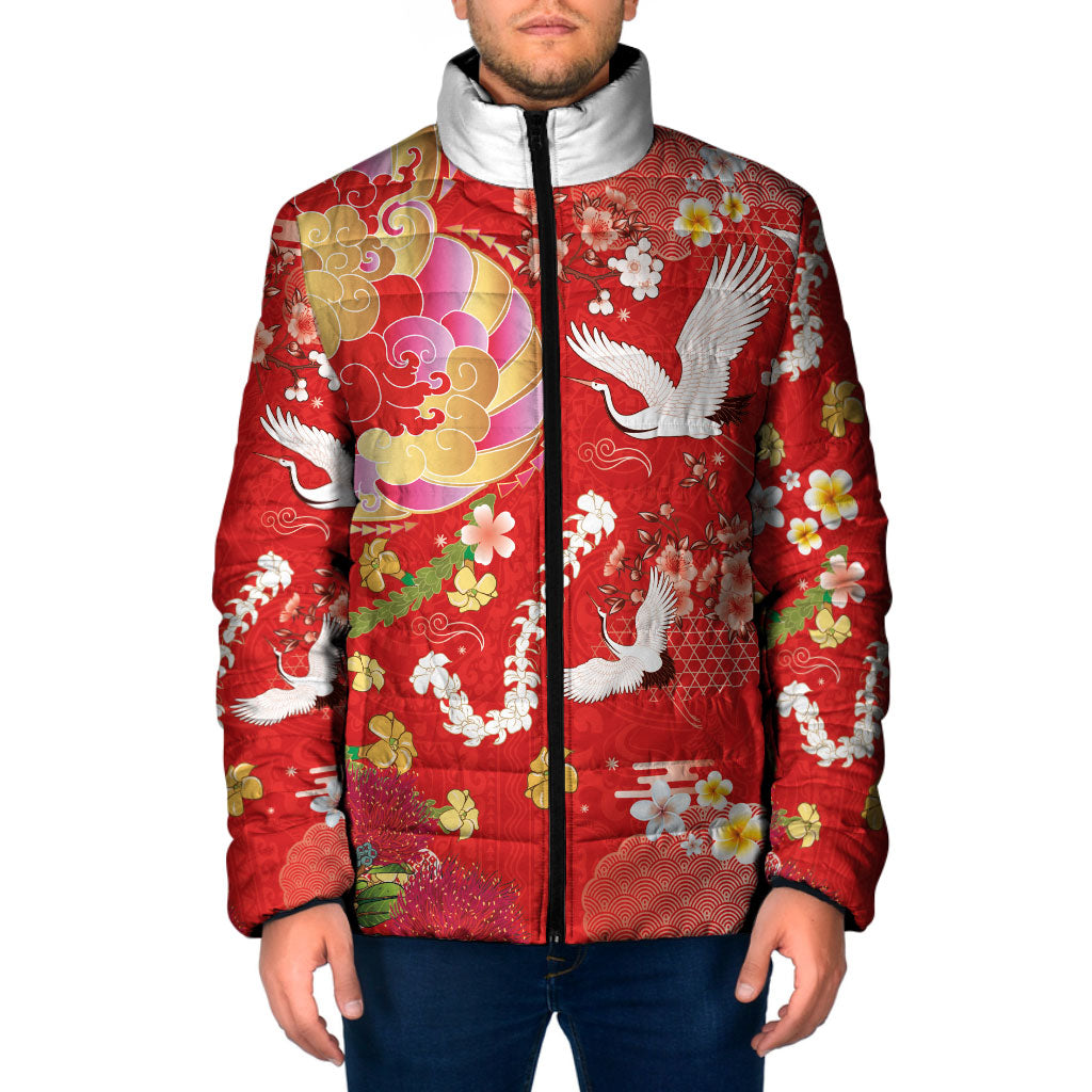 Hawaiian and Japanese Culture Together Padded Jacket Kakau Tribal Pattern and Irezumi Art Red Color LT03 Men Red - Polynesian Pride