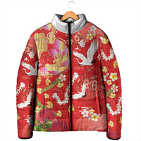 Hawaiian and Japanese Culture Together Padded Jacket Kakau Tribal Pattern and Irezumi Art Red Color