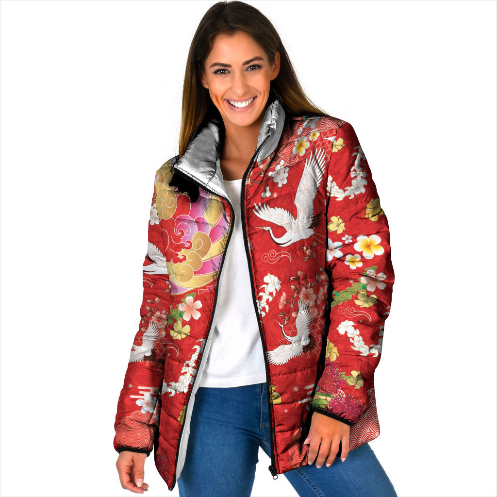 Hawaiian and Japanese Culture Together Padded Jacket Kakau Tribal Pattern and Irezumi Art Red Color
