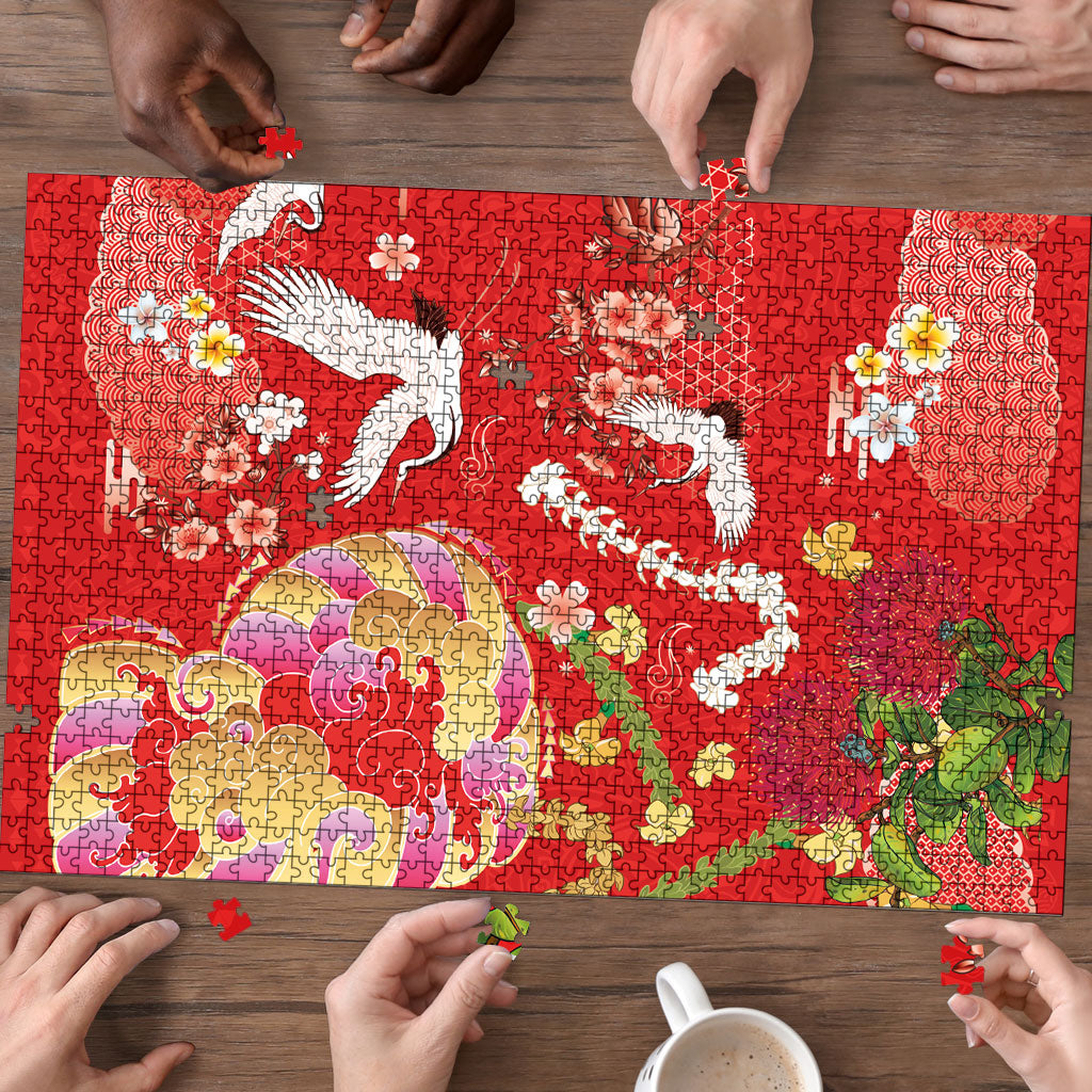 Hawaiian and Japanese Culture Together Puzzle Kakau Tribal Pattern and Irezumi Art Red Color LT03 - Polynesian Pride