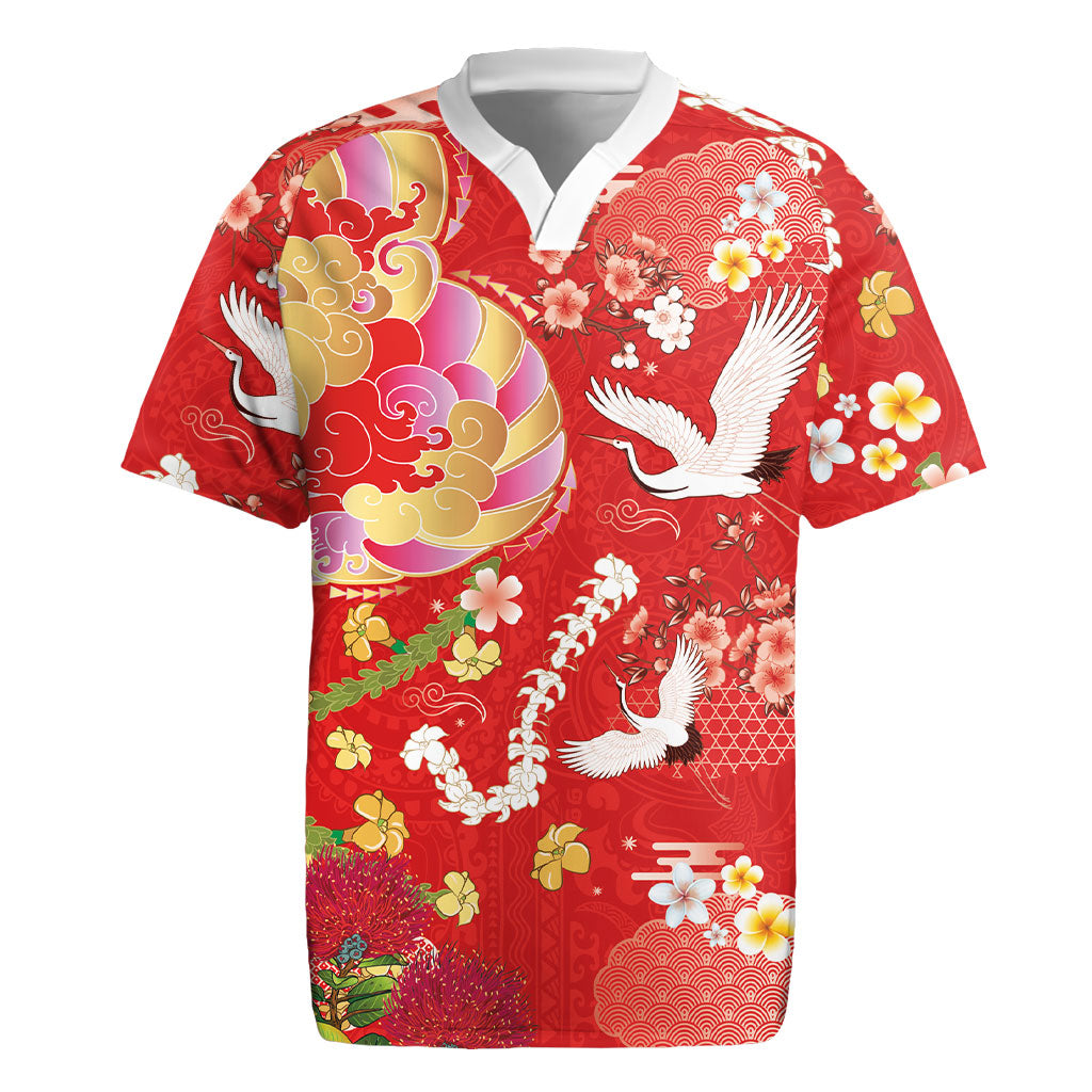 Hawaiian and Japanese Culture Together Rugby Jersey Kakau Tribal Pattern and Irezumi Art Red Color