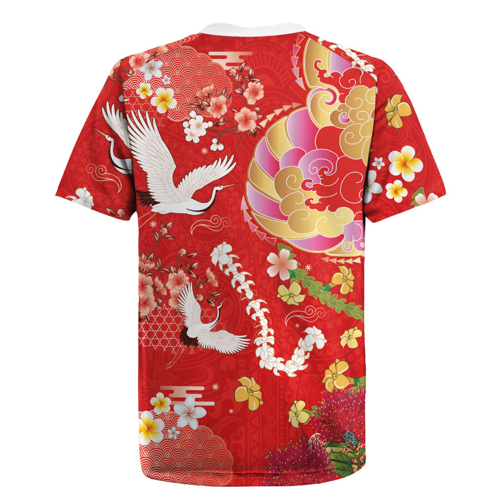 Hawaiian and Japanese Culture Together Rugby Jersey Kakau Tribal Pattern and Irezumi Art Red Color