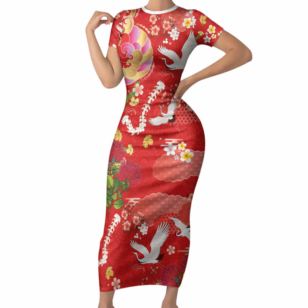 Hawaiian and Japanese Culture Together Short Sleeve Bodycon Dress Kakau Tribal Pattern and Irezumi Art Red Color LT03 Long Dress Red - Polynesian Pride