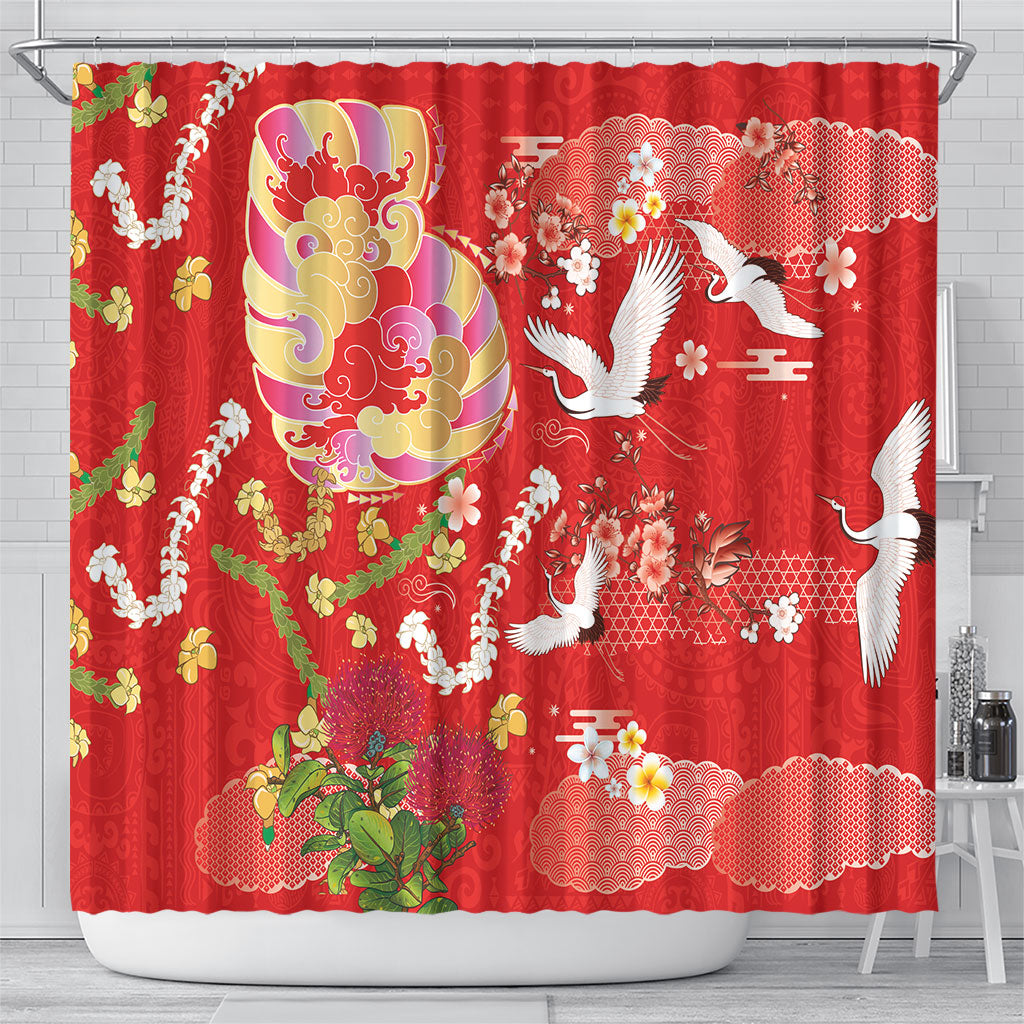Hawaiian and Japanese Culture Together Shower Curtain Kakau Tribal Pattern and Irezumi Art Red Color LT03 - Polynesian Pride