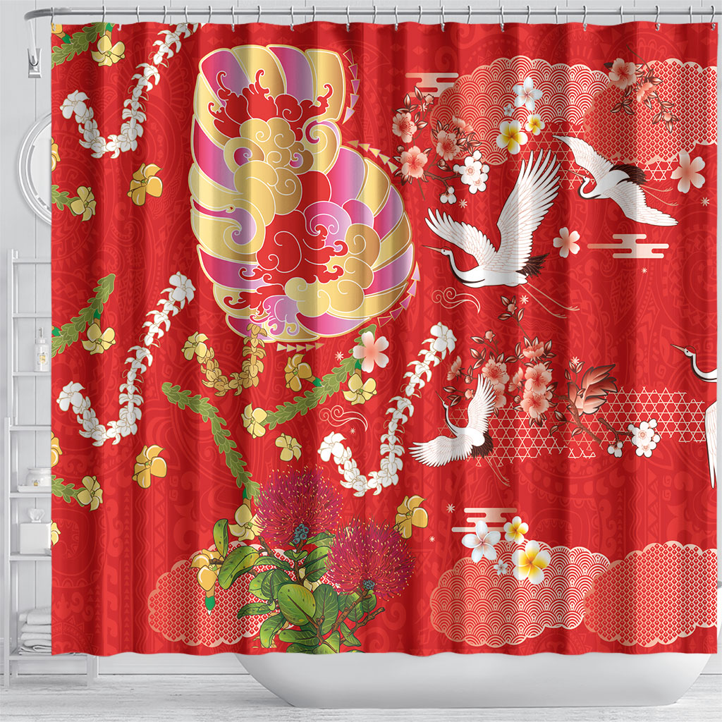 Hawaiian and Japanese Culture Together Shower Curtain Kakau Tribal Pattern and Irezumi Art Red Color LT03 - Polynesian Pride