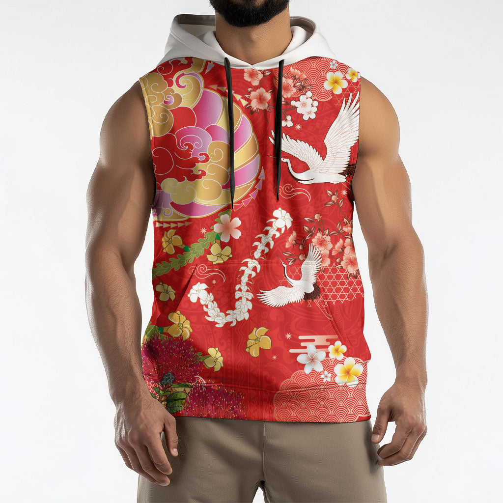 Hawaiian and Japanese Culture Together Sleeveless Hoodie Kakau Tribal Pattern and Irezumi Art Red Color