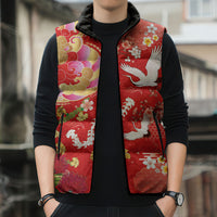 Hawaiian and Japanese Culture Together Sleeveless Puffer Jacket Kakau Tribal Pattern and Irezumi Art Red Color