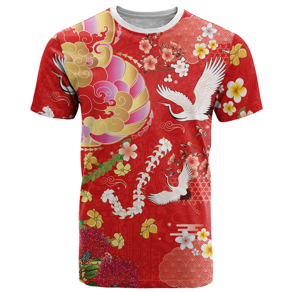 Hawaiian and Japanese Culture Together T Shirt Kakau Tribal Pattern and Irezumi Art Red Color