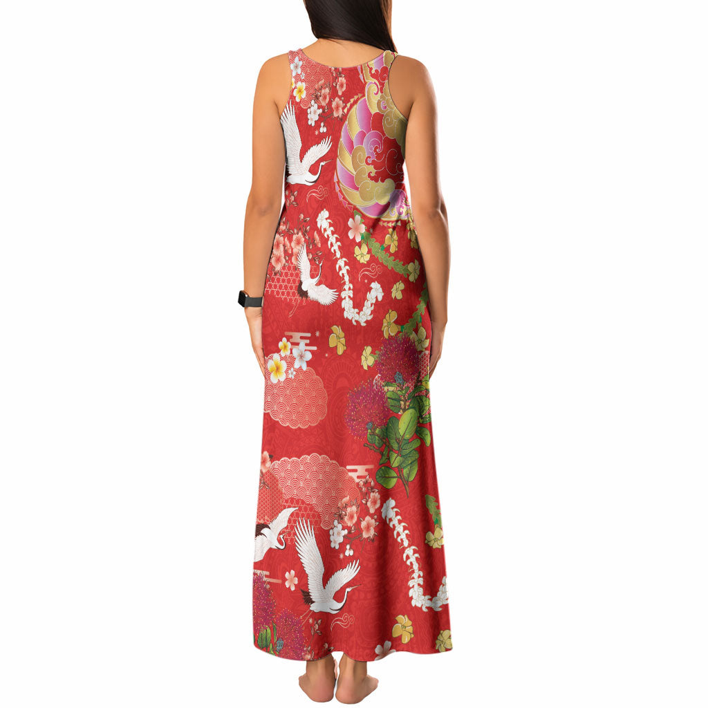 Hawaiian and Japanese Culture Together Tank Maxi Dress Kakau Tribal Pattern and Irezumi Art Red Color LT03 - Polynesian Pride