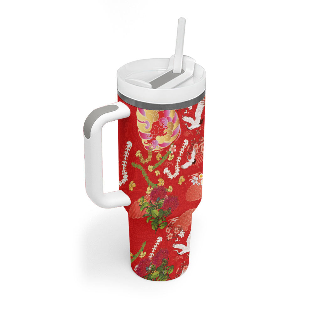 Hawaiian and Japanese Culture Together Tumbler With Handle Kakau Tribal Pattern and Irezumi Art Red Color LT03 - Polynesian Pride