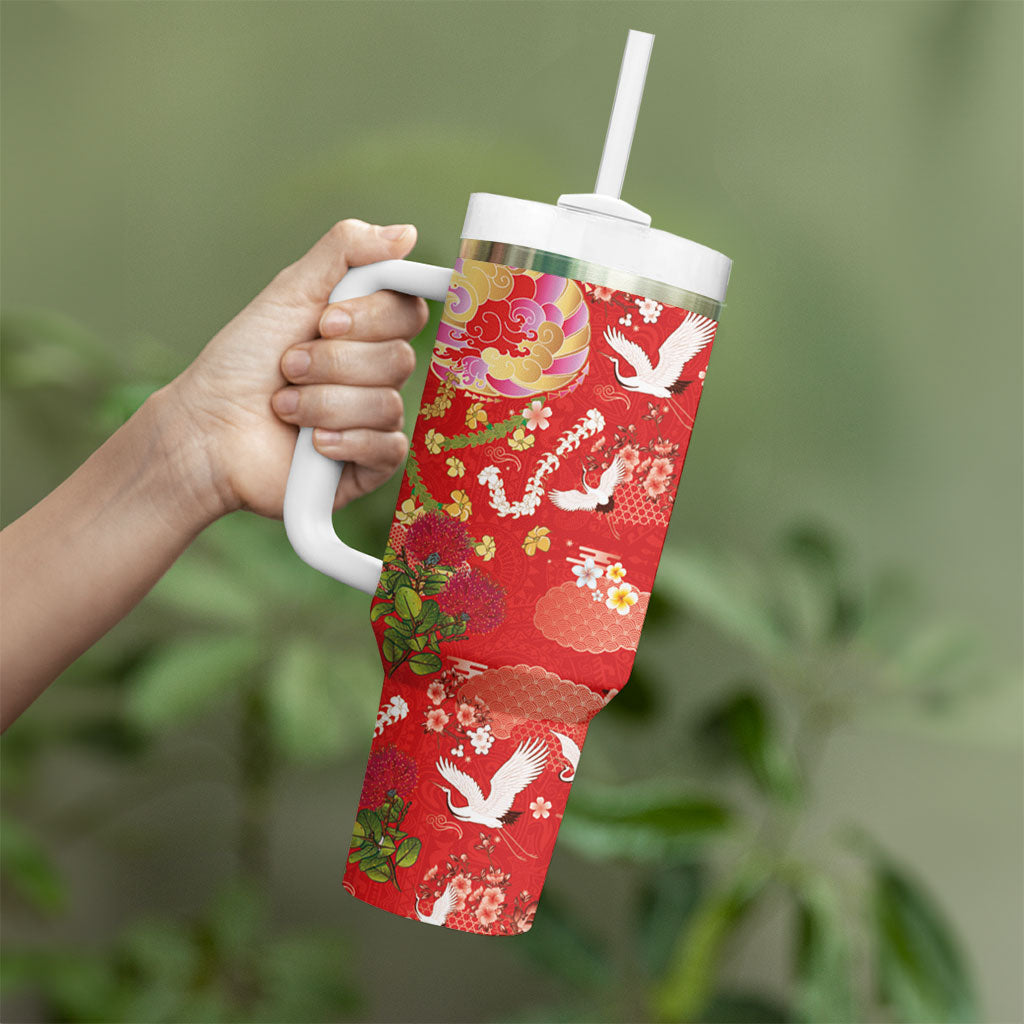 Hawaiian and Japanese Culture Together Tumbler With Handle Kakau Tribal Pattern and Irezumi Art Red Color LT03 - Polynesian Pride