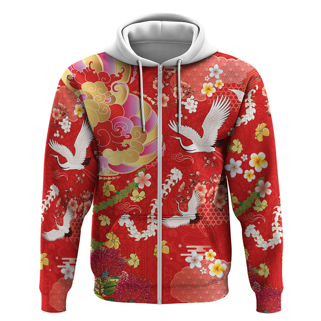 Hawaiian and Japanese Culture Together Zip Hoodie Kakau Tribal Pattern and Irezumi Art Red Color