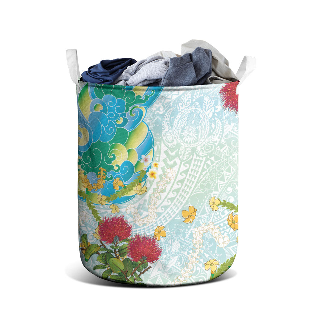 Japanese and Hawaiian Culture Fusion Laundry Basket Irezumi with Turtles and Lei Kakau Pattern Fresh Vibe LT03 - Polynesian Pride