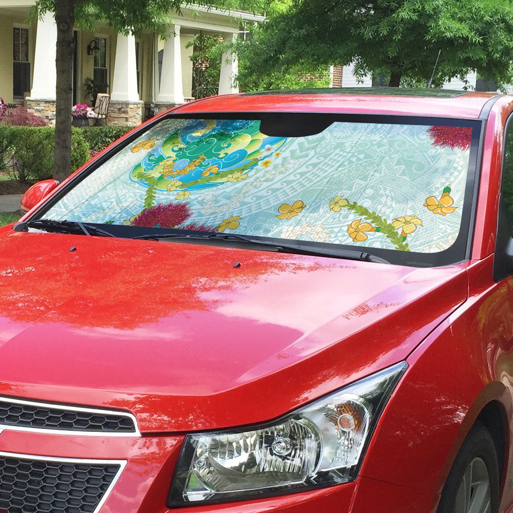 Japanese and Hawaiian Culture Fusion Auto Sun Shade Irezumi with Turtles and Lei Kakau Pattern Fresh Vibe LT03 - Polynesian Pride